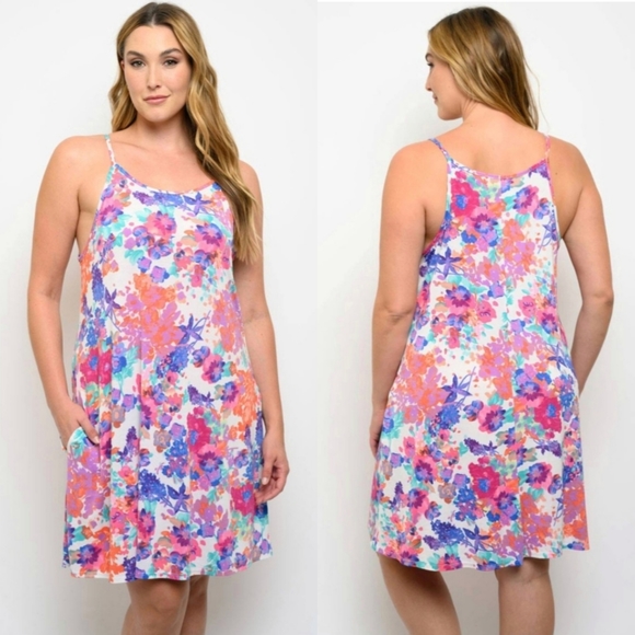 Floral Mini Dress Spaghetti Strap Pockets - Picture 2 of 14